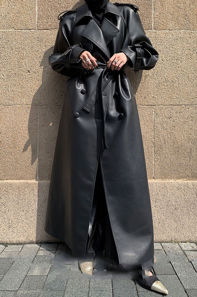 Layered PU Leather Waist-Cinching Long Overcoat