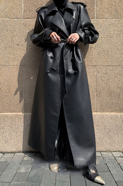 Layered PU Leather Waist-Cinching Long Overcoat