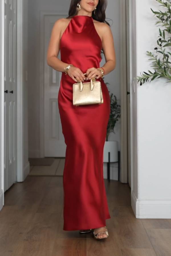 LONG SATIN HALTER DRESS