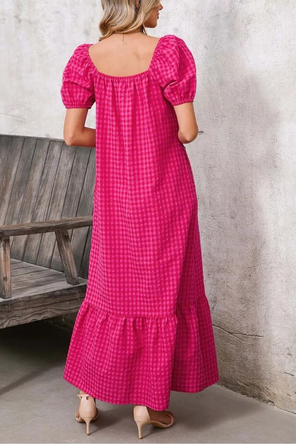 Women's Puff Sleeve Square Neck Check Maxi Dress