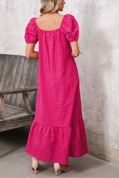 Women's Puff Sleeve Square Neck Check Maxi Dress