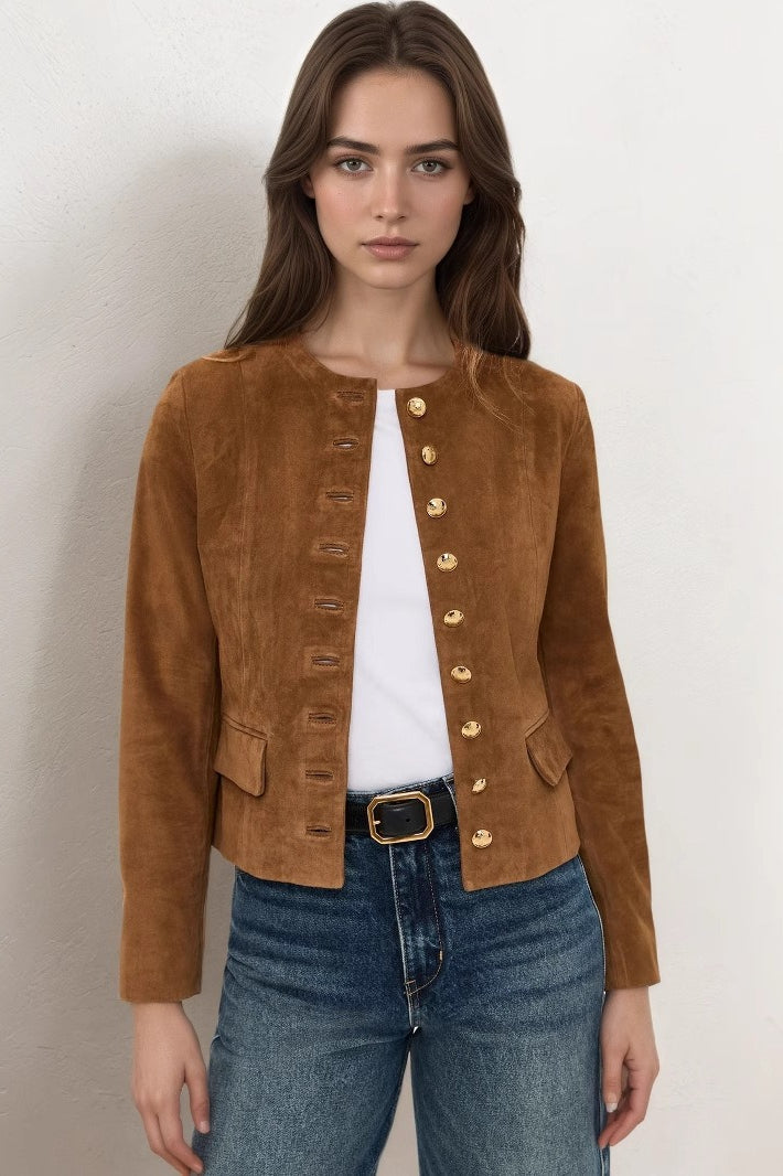 Metallic Button Cropped Suede Jacket