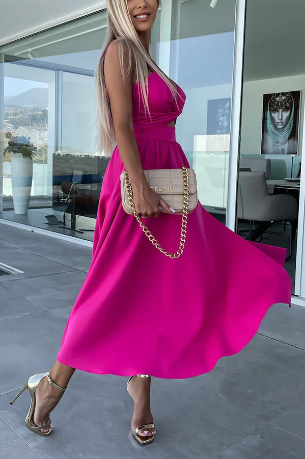Twist Front Cutout Spaghetti Strap Pocket Side Slit A-Line Midi Dress