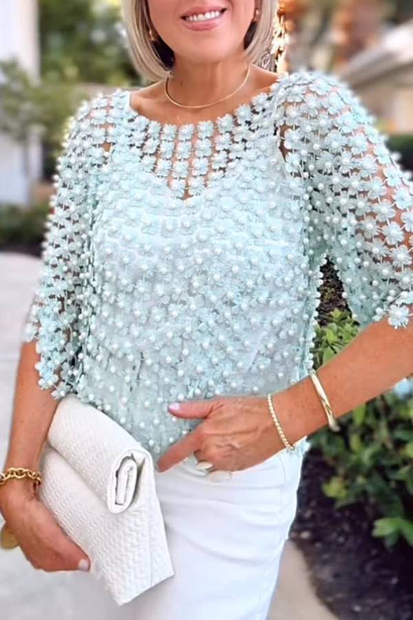 3D Flower Pearl Embellished Mesh Cover-Up Top