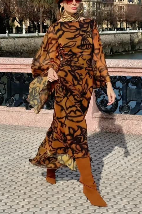 LONG PRINTED DRESS WITH WIDE SLEEVES