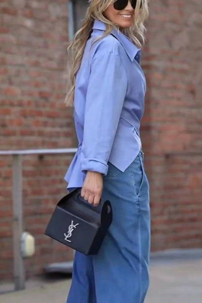 Unique Street Button Up Long Sleeve Slit and Tie-up Hem Blouse