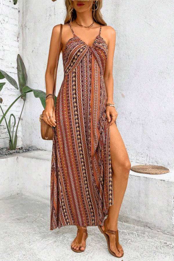 Bohemian Ethnic Print Spaghetti Strap Maxi Dress