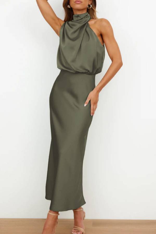 Halter Cowl Neck Satin Waisted Midi Dress
