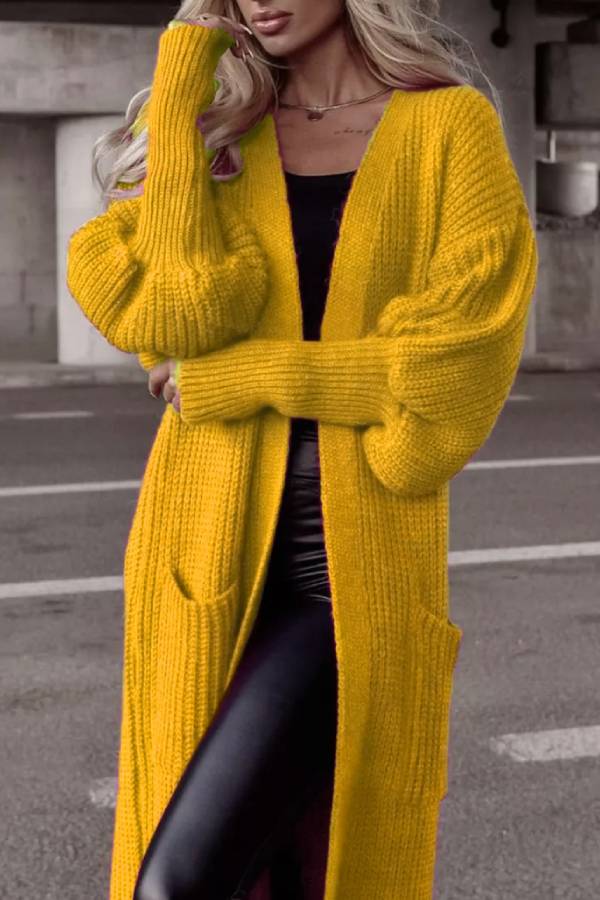 Lantern sleeve loose long knit cardigan