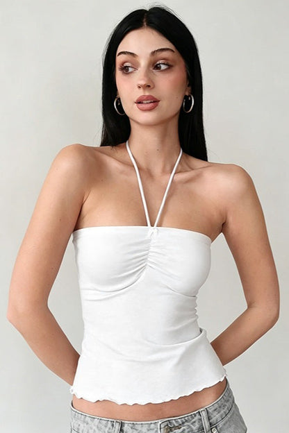 Ruched Strapless Backless Ruffle Tie Tube Top