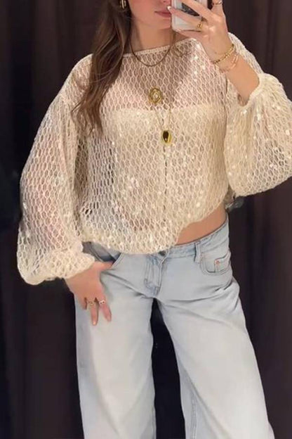 Shimmering Sequin Openwork Lantern Sleeve Blouse