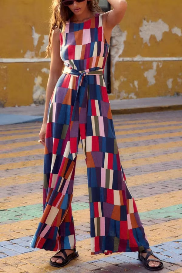 Retro Chic Linen Blend Colorful Color Block Front Waist Tie Detail Sleeveless Wide Leg Jumpsuit