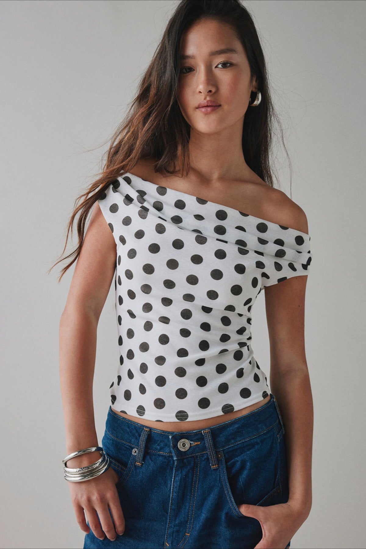 Polka Dot One Shoulder Ruched Crop Top
