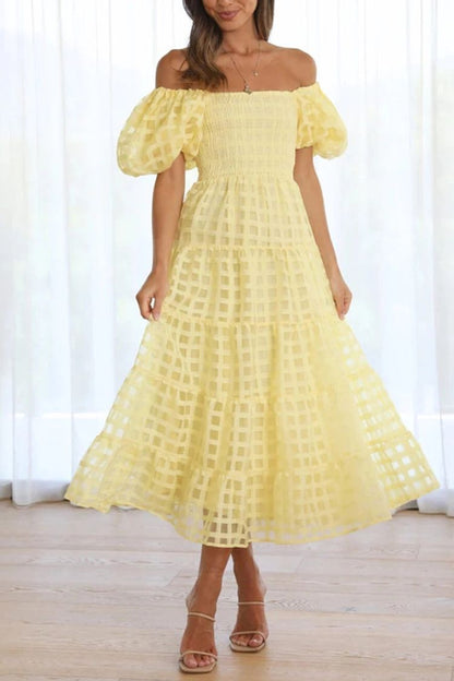 Fashionable One-Shoulder Chiffon Puff Sleeve Swing Midi Dress