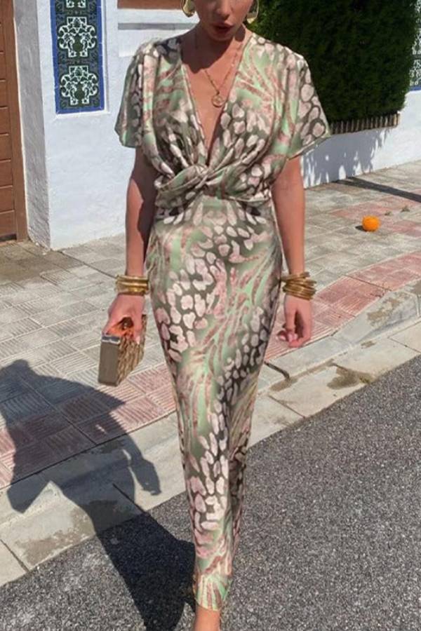 Satin Leopard Twist Front Deep V Bodycon Maxi Dress