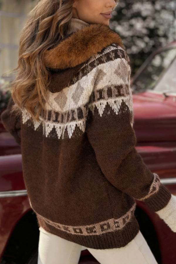 Christmas Fireplace Patterned Cardigan with Fur