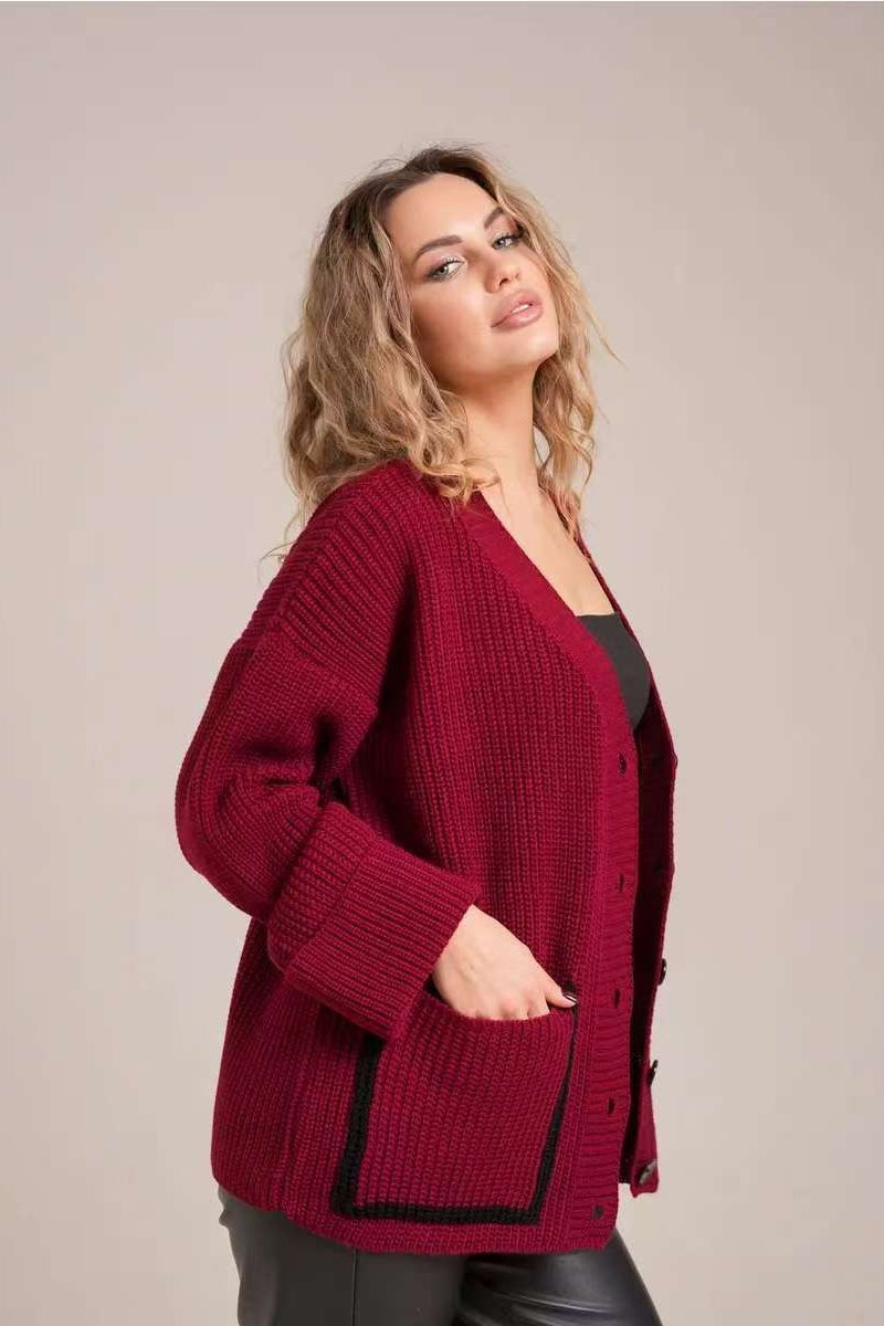Pocket Color Block V Neck Cardigan