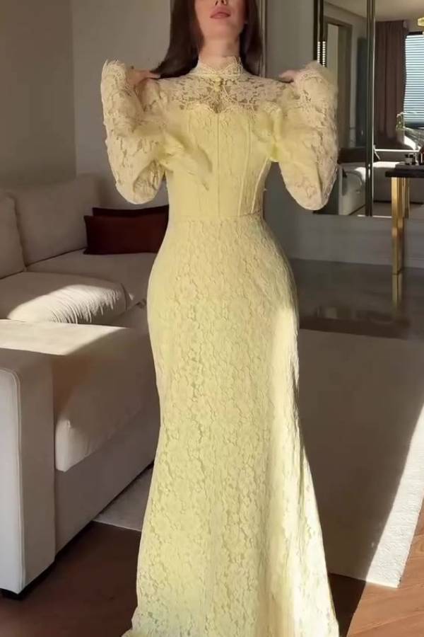 Multi-Color Stand Collar Lace Backless Tie Mermaid Maxi Dress