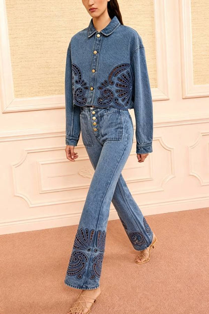 Karoline Denim Embroidered Flower Cutout Design Button Long Sleeve Jacket