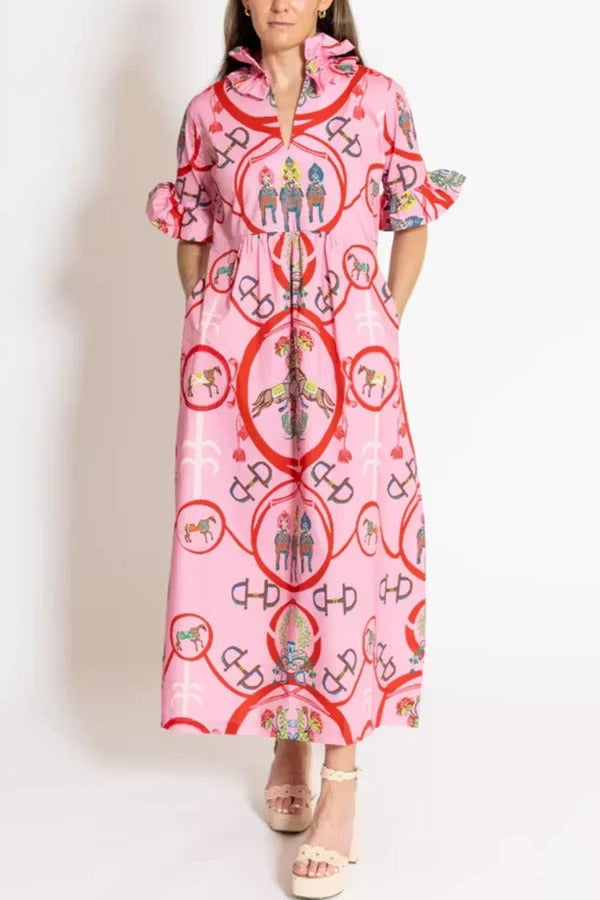 Churchill Social Playful Warhorse Print Stand Neck Ruffle Sleeve Belted Pocket Caftan Midi Dress