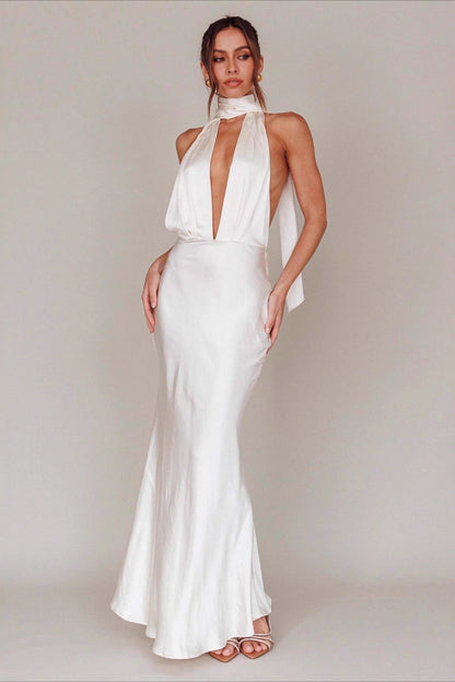 Deep V Halter Backless Prom Dress