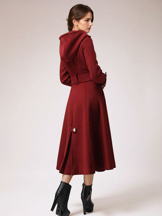 Double-breasted Woolen Coat With Hood Burgundy Belted Winter Long Outerwear For Women 2026