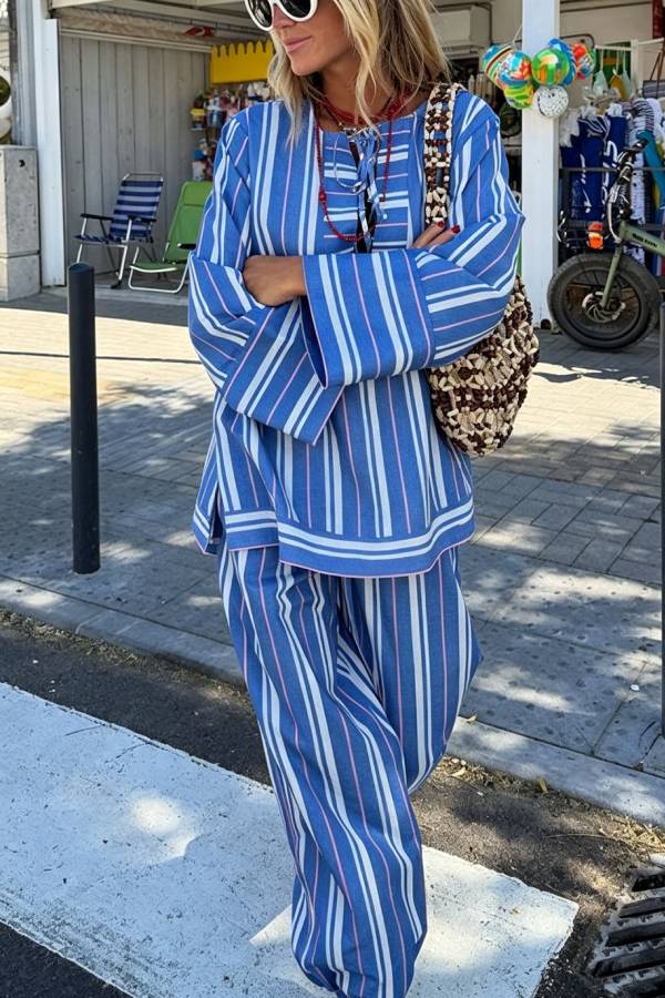 Althea Striped Print Lace-up Neck Long Sleeve Top and Elastic Waist Pocket Lantern Pants Set