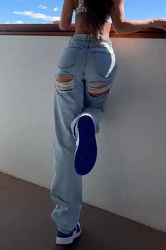 High Waist Ripped Slim Denim Straight Jeans