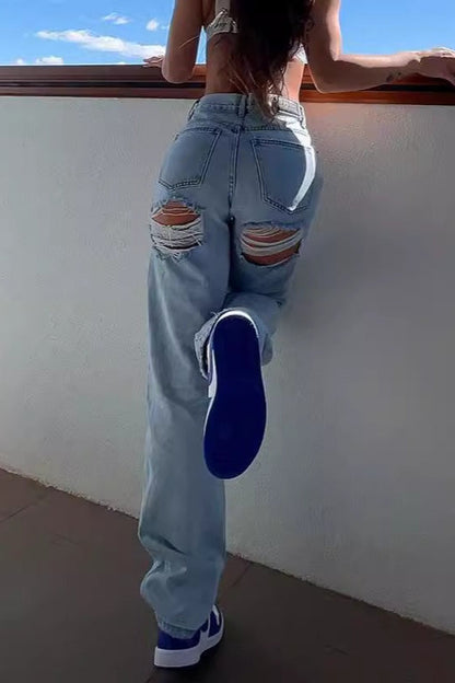 High Waist Ripped Slim Denim Straight Jeans