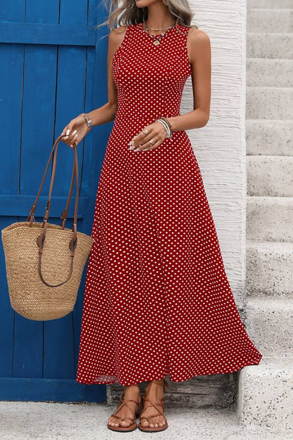 Multi-Color Polka Dot Backless Tie Sleeveless Flowy Maxi Dress
