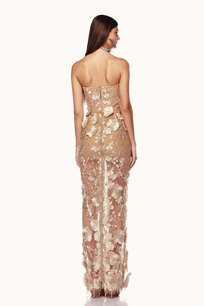 Elegant Strapless 3D Floral Embroidery Floral Dress