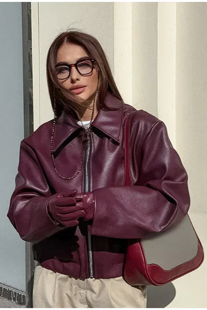 Burgundy Lapel Zip Leather Jacket