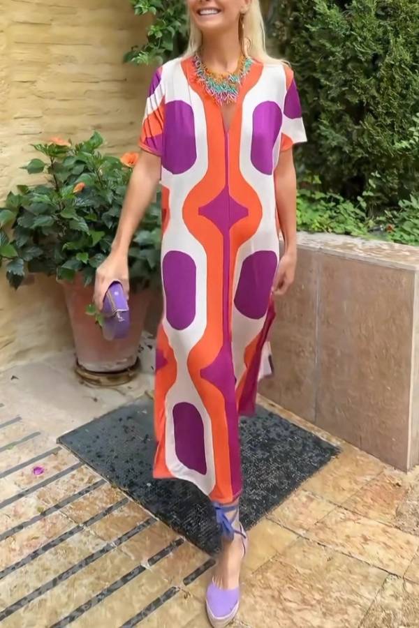 V-Neck Short Sleeve Printed Maxi Dress with Side Slit