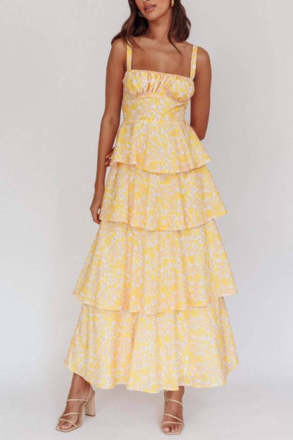 Floral Square Neck Cami Tiered Ruffle Maxi Dress