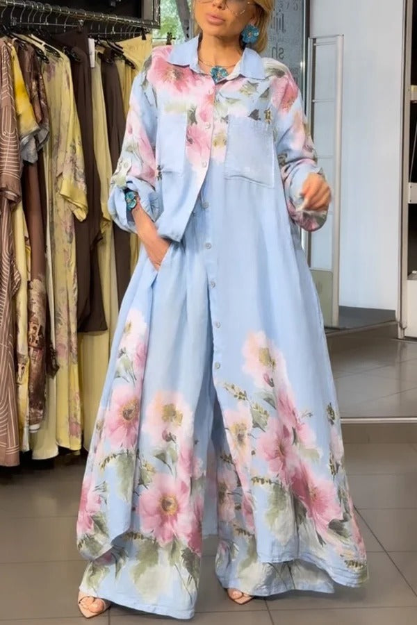 Alice Linen Blend Floral Print Long Sleeve Midi Shirt and Elastic Waist Pocketed Loose Pants Set