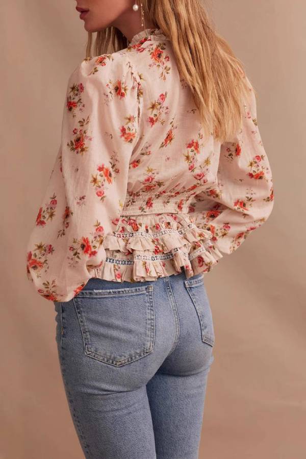 V-Neck Floral Print Waist-Cinched Ruffle Blouse