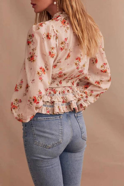 V-Neck Floral Print Waist-Cinched Ruffle Blouse
