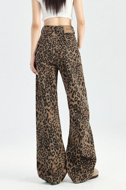 Leopard Print High Waist Fleece Lined Wide Leg Straight Jeans