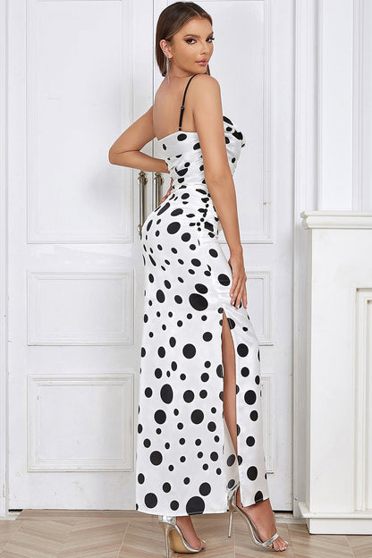 Polka Dot Sweetheart Cowl Neck Ruched Bodycon High Split Maxi Dress