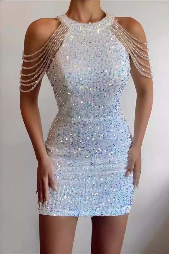 Crystal Fringe Halter Sequin Bodycon Cocktail Dress