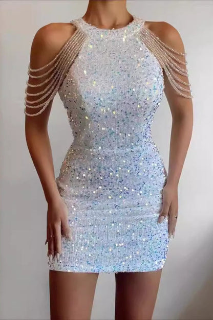 Crystal Fringe Halter Sequin Bodycon Cocktail Dress