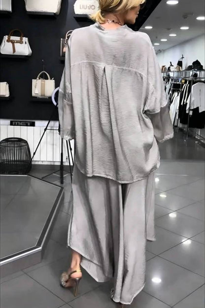 Melissa V-neck Sheer Batwing Sleeve Loose Blouse and Elastic Waist Pocketed Bell Hem Pants Set