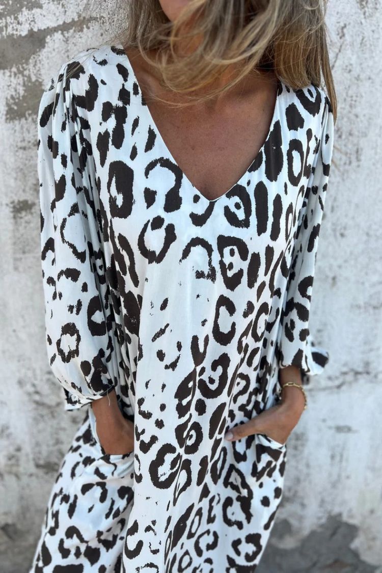 Leopard Print V-neck Pullover Long-sleeved Loose Dress