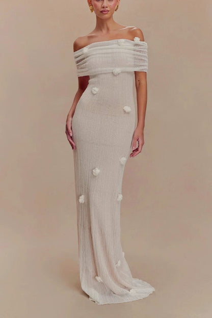 Off Shoulder 3D Floral Rosette Mesh Column Maxi Gown