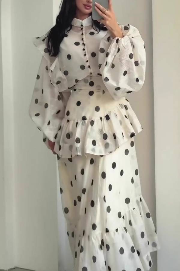 Polka Dot High-Neck Puff-Sleeve Tiered Maxi Dress