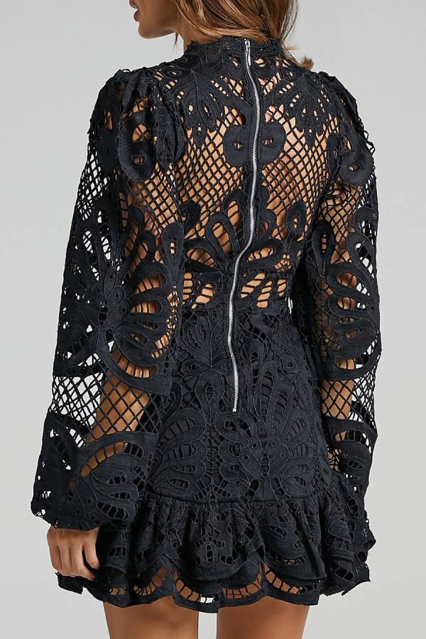 Multi-Color Cutout Lace Puff Sleeve Ruffle Hem Mini Dress