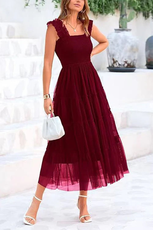 Square Neck Sleeveless Ruffle Tiered Midi Dress