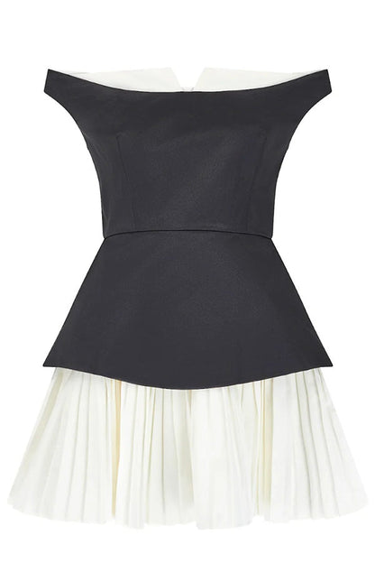 Off Shoulder Fold Over Collar Accordion Pleat Mini Dress