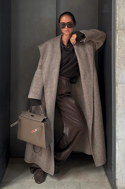 Wool Wide Lapel Cinched Waist Long Overcoat