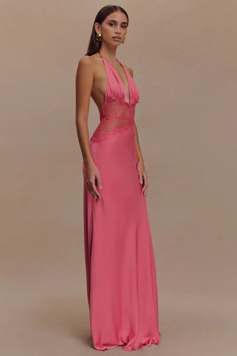 Deep V Halter Satin Slip Prom Dress